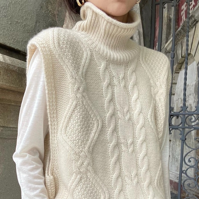 高领毛衣背心坎肩欧货卷边羊绒马甲绞花无袖毛针织衫