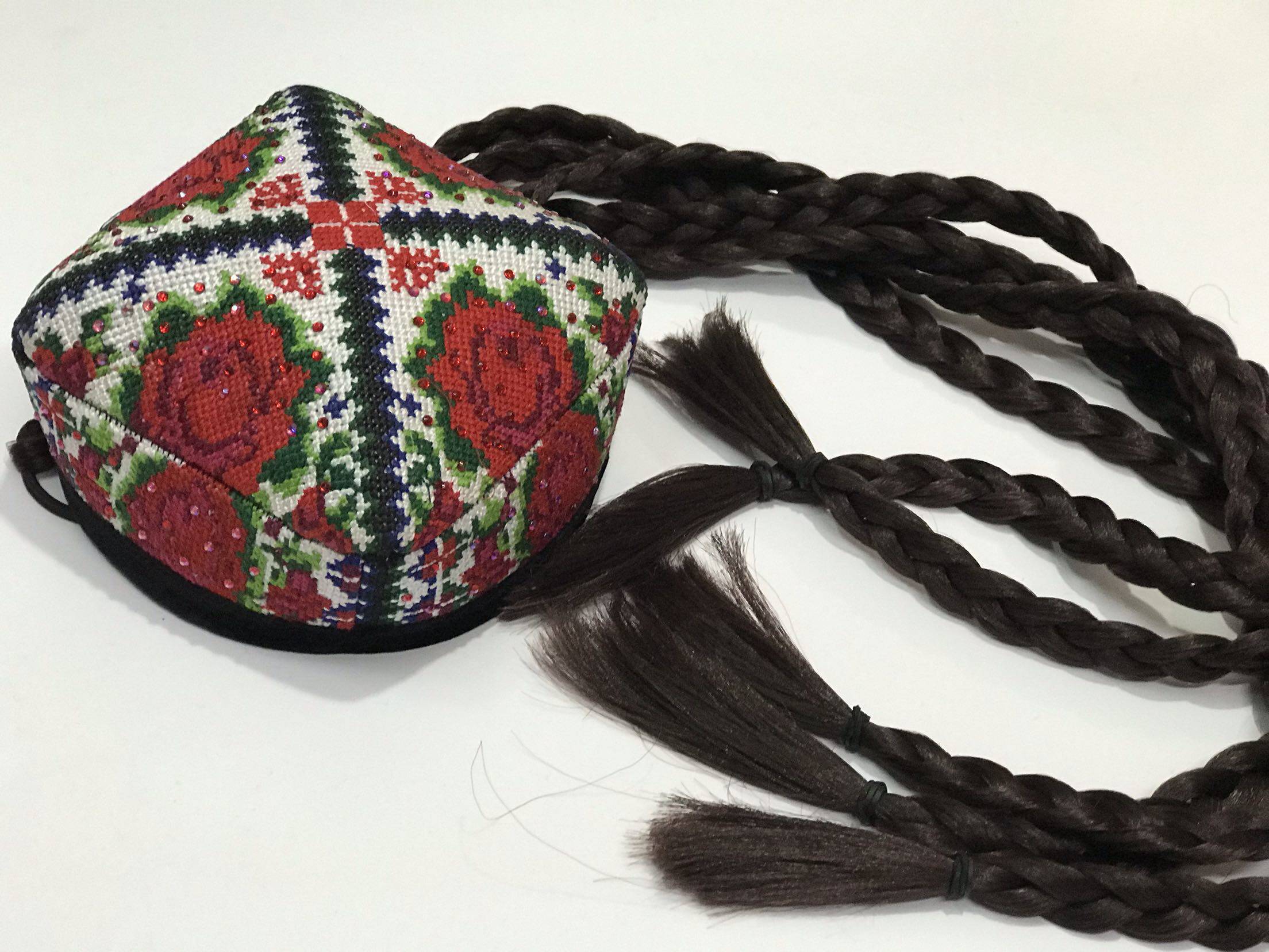 新款新疆维吾尔族女士十字绣刺绣帽子辫子演出表演民族帽子