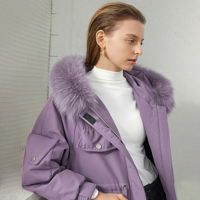 伊布都ibudu紫色狐狸毛领羽绒服时髦派克克服专柜羽绒服