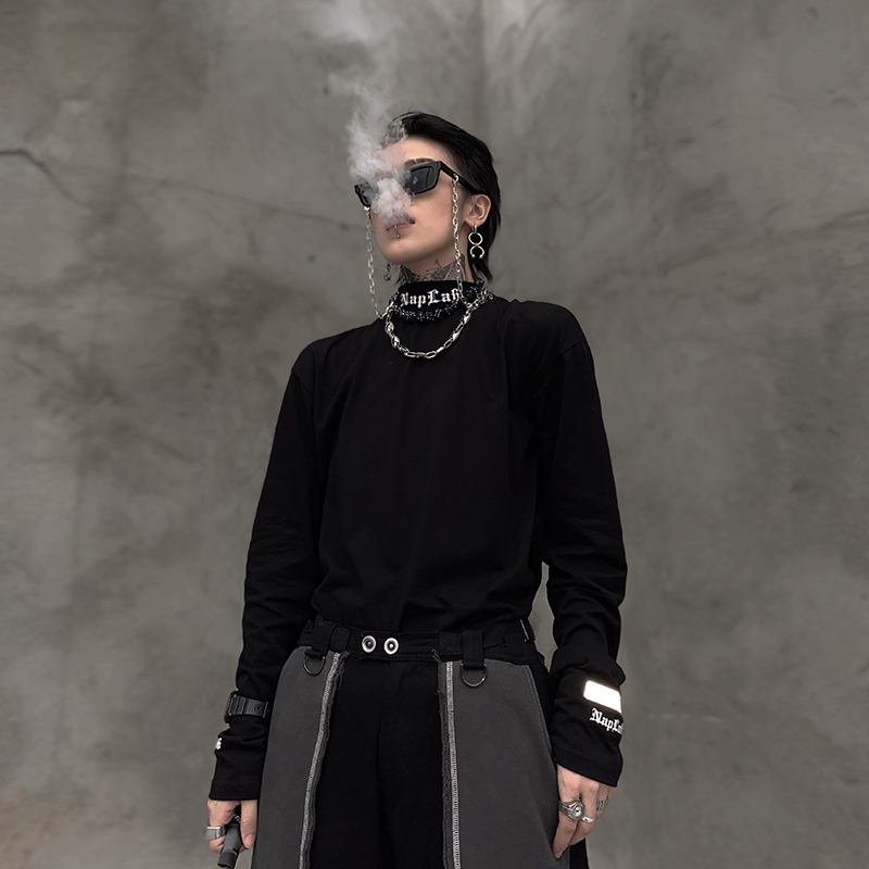 潮牌半高领重磅打底衫男女长袖加绒ins潮流黑色刺绣百内搭t恤上衣