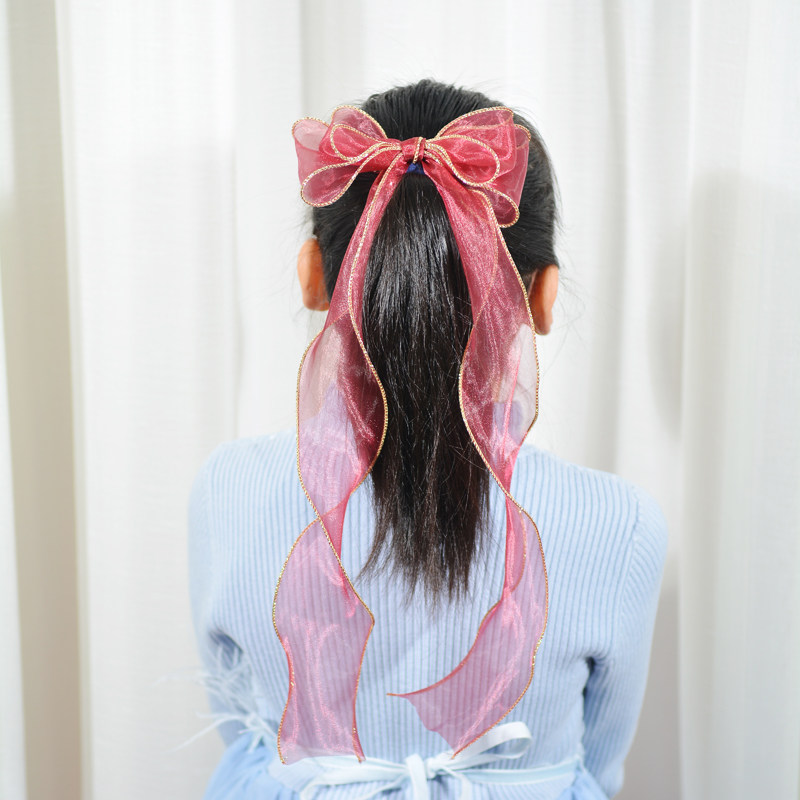 韩国马尾发饰气质丸子头发夹女童长飘带蝴蝶结发卡公主编发头饰