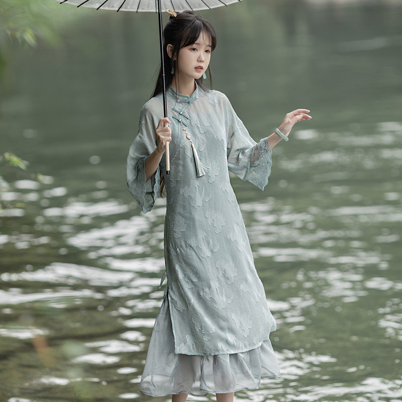 女长款日常吊带丝边蕾丝改良旗袍雪纺复刻青衫旗袍