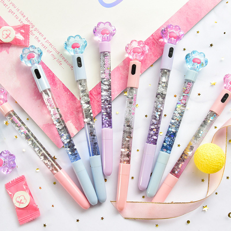 卡通猫爪入油流沙中性笔创意带灯仙女中性笔