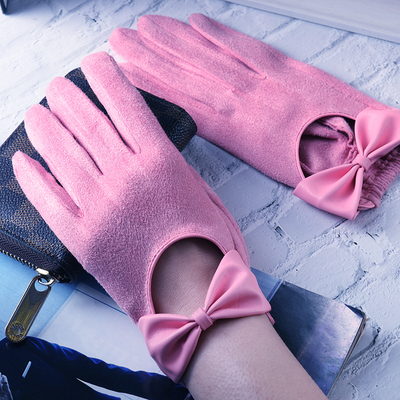 2019韩版薄麂皮绒单手套男女情侣春秋短款日系蝴蝶结