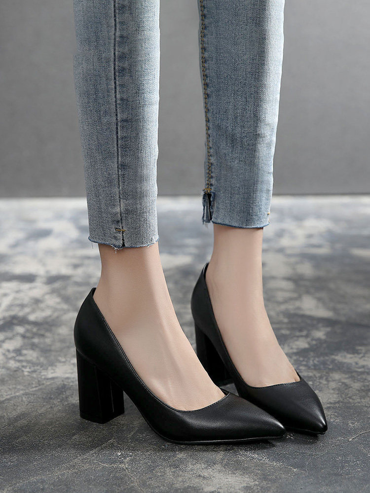 粗跟高跟鞋2019新款百搭黑色职业中低尖头皮面单鞋
