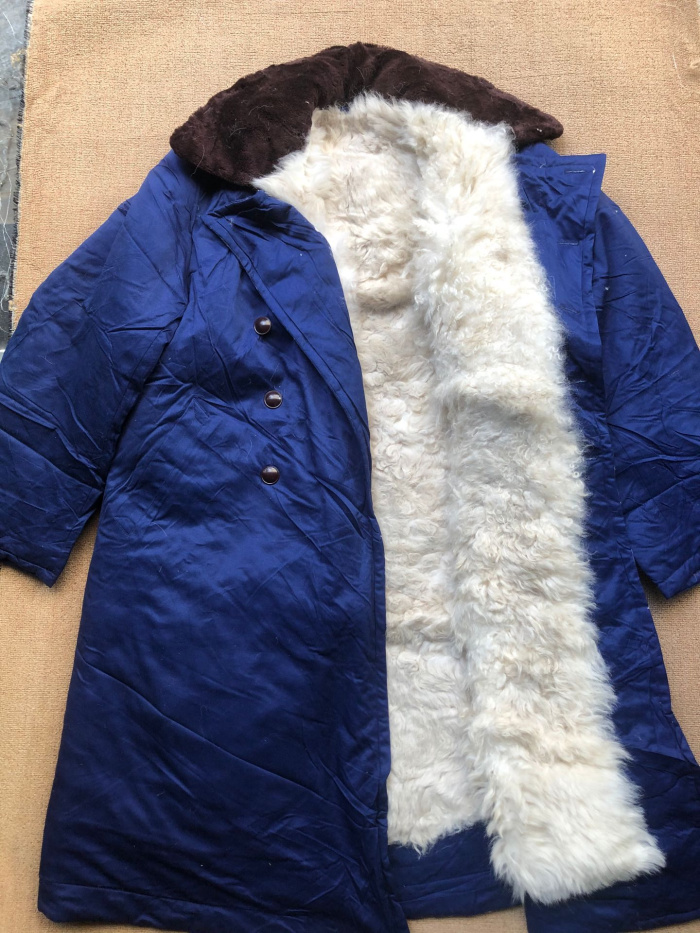 老式库存78式胶木扣羊毛大衣蓝色老款皮毛一体大衣防寒大衣