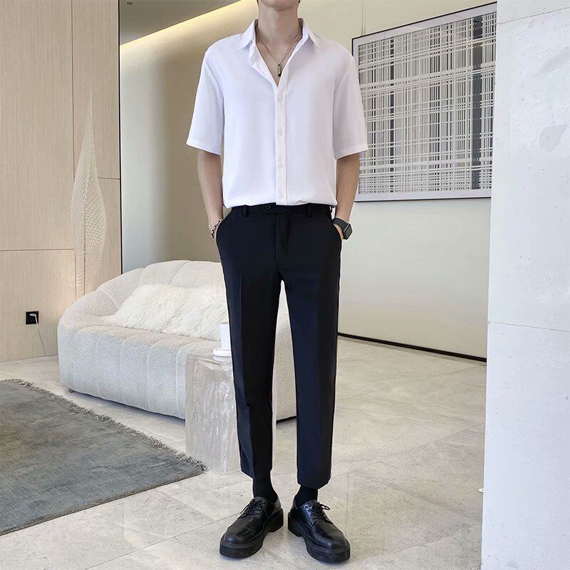 夏季薄款高端男士伴郎衬衫西裤一套韩版修身衬衫