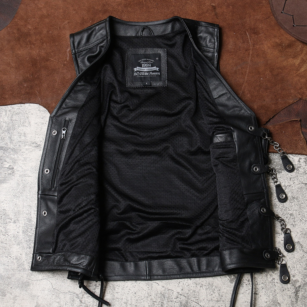 无领宽松机车皮马甲哈雷男士真皮俱乐部队服马夹背心