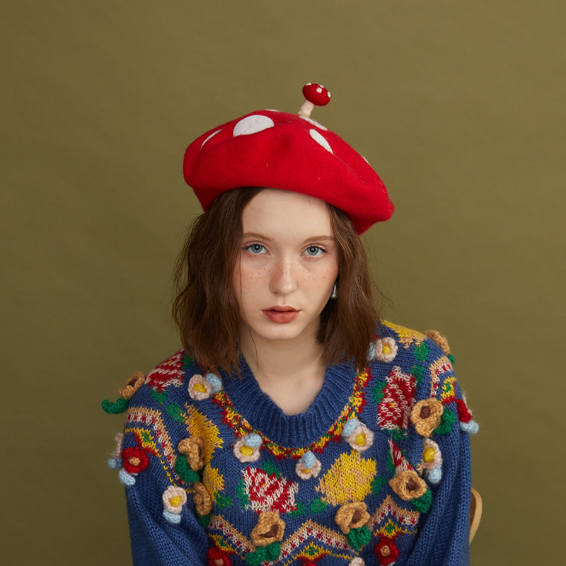 瘦瘦原创头顶蘑菇手工毛毡贝雷帽创意帽子