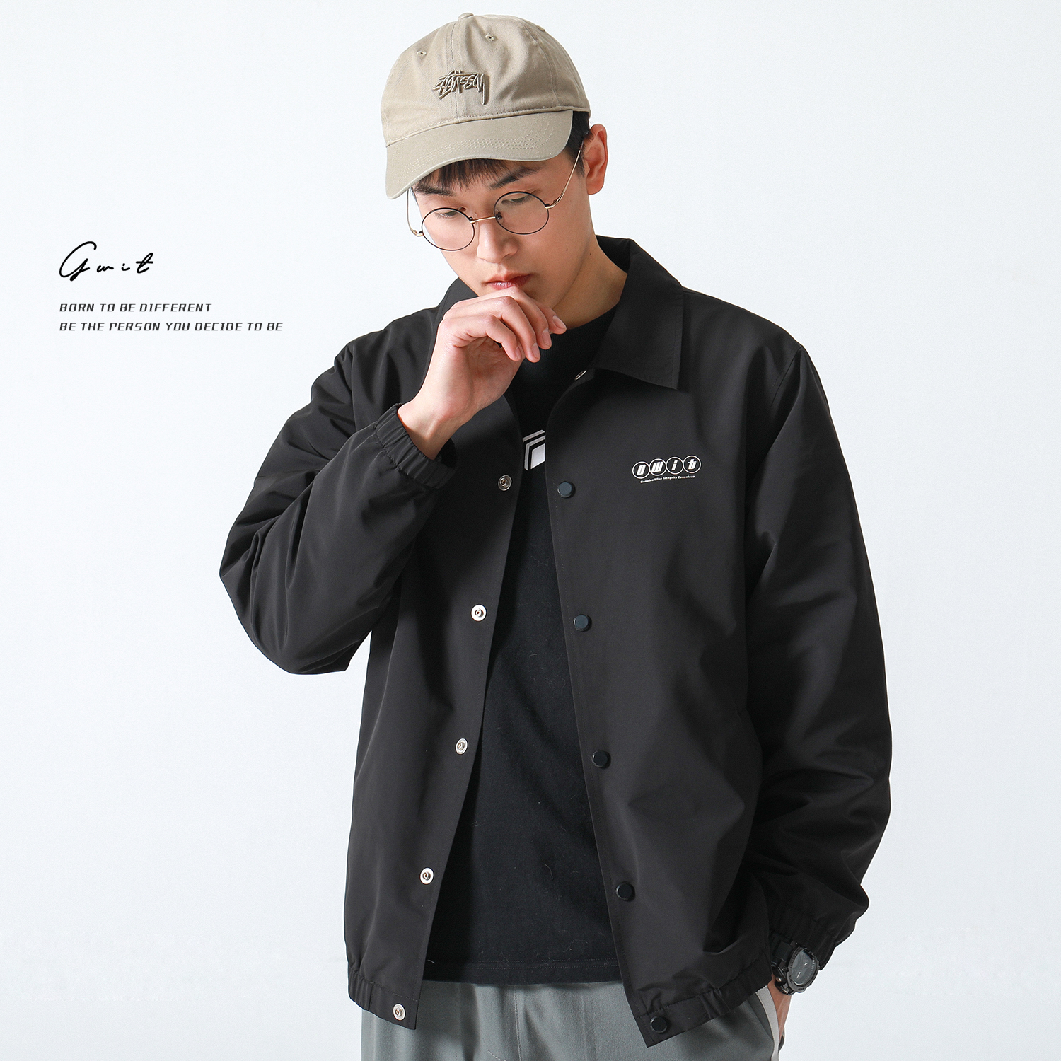 GWIT Active后整定型 春秋新款薄款休闲潮修身防水教练夹克外套男