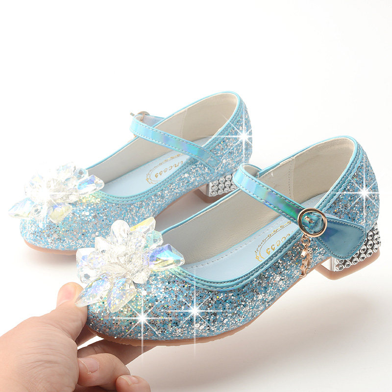 冰公主雪花水晶鞋儿童钢琴表演皮鞋银色elsa粉色皮鞋