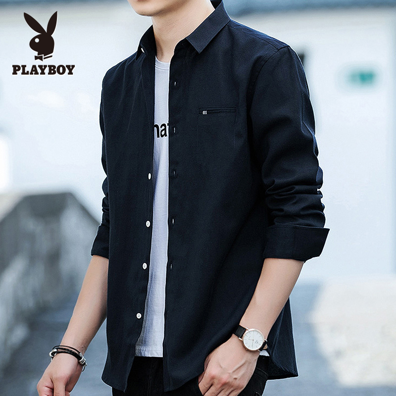 花花公子衬衫男长袖秋季韩版潮流休闲青年轻熟风纯色衬衣男装薄款