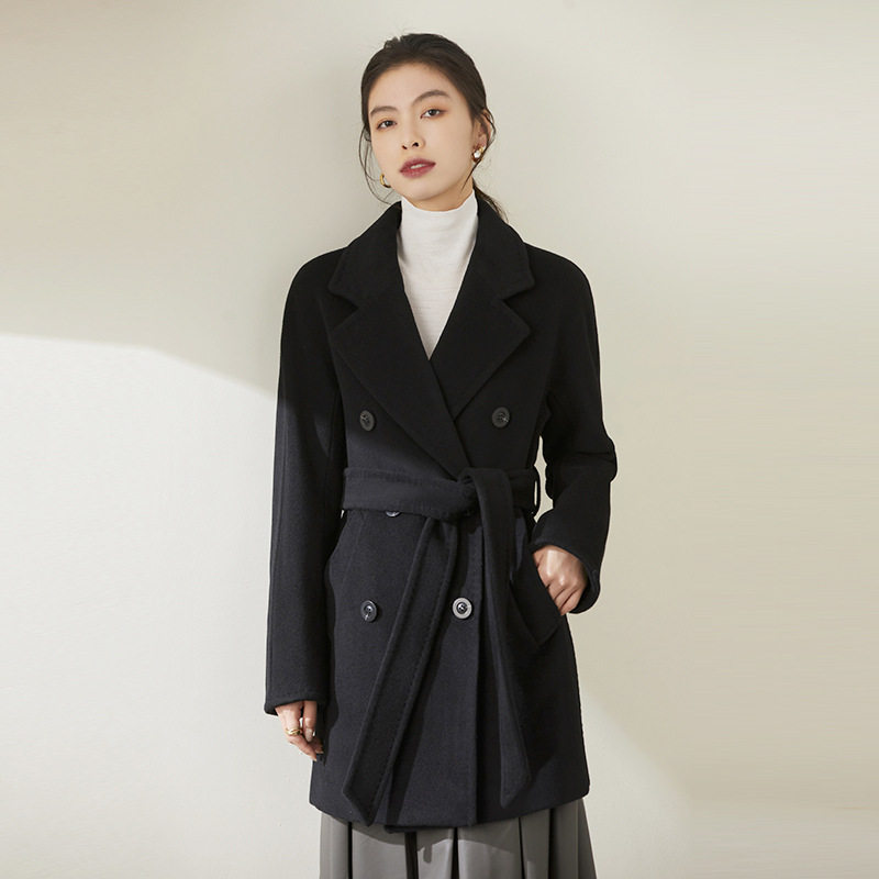 m家101801高端女装双面尼羊绒大衣冬季驼色双排扣纯羊毛呢子大衣