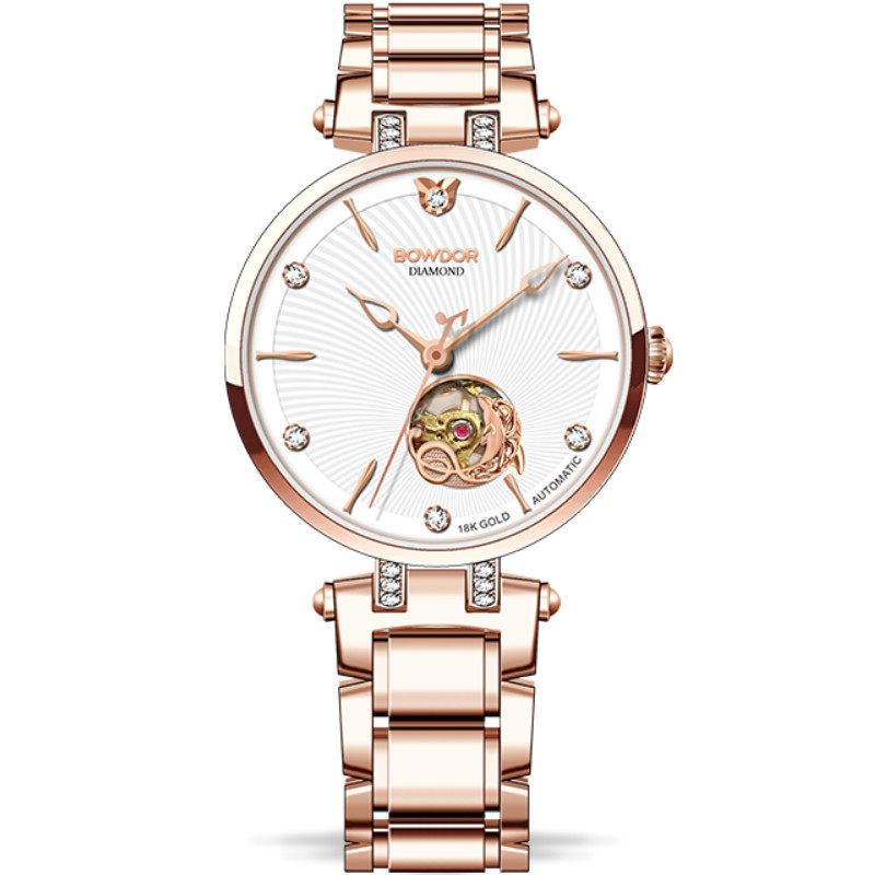 宝舵手表女士镂空18k金时尚钢带机械表gg010l皮带国产腕表