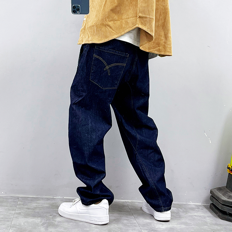 PGUP STUDIO秋季潮牌高街美式复古重磅水洗宽松微垮深蓝牛仔裤男