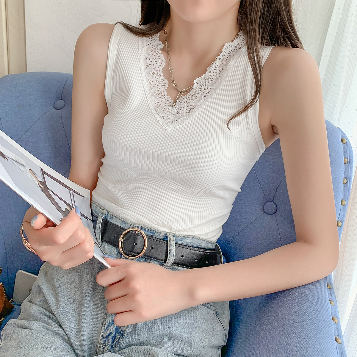 韩版蕾丝拼接v领纯棉背心宽肩吊带女修身显瘦外穿弹力打底衫上衣