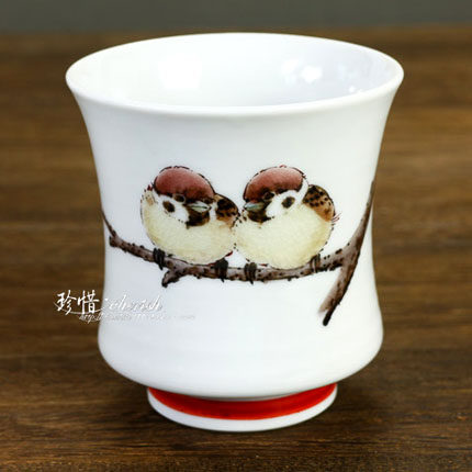 日本进口九谷烧大师手绘福雀二羽情侣日式陶瓷杯子套装