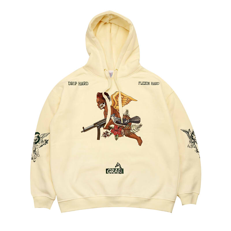 GRAF原创品牌Drip Set Flexin 奶油红色脏辫骷髅天使加绒厚帽衫