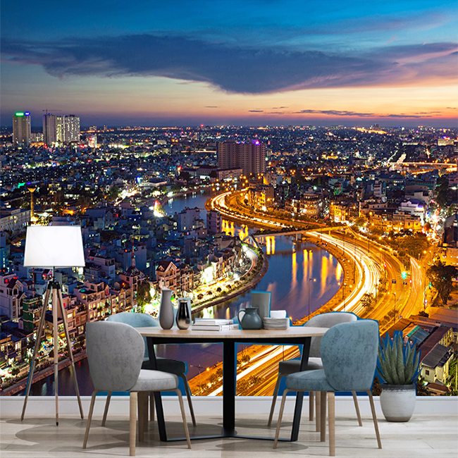 城市夜景3d墙纸自粘立体贴纸装饰建筑高楼墙贴