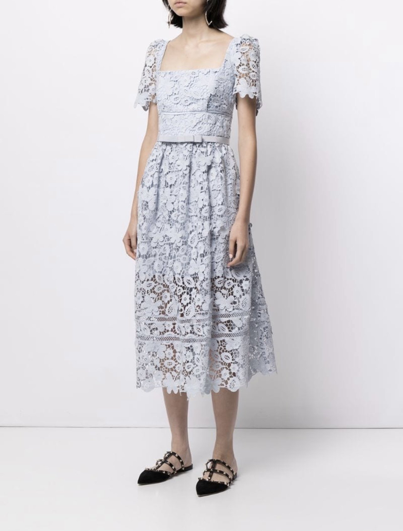 selfportrait2021方领法式立体花朵刺绣蝴蝶结腰带短款连衣裙连衣裙