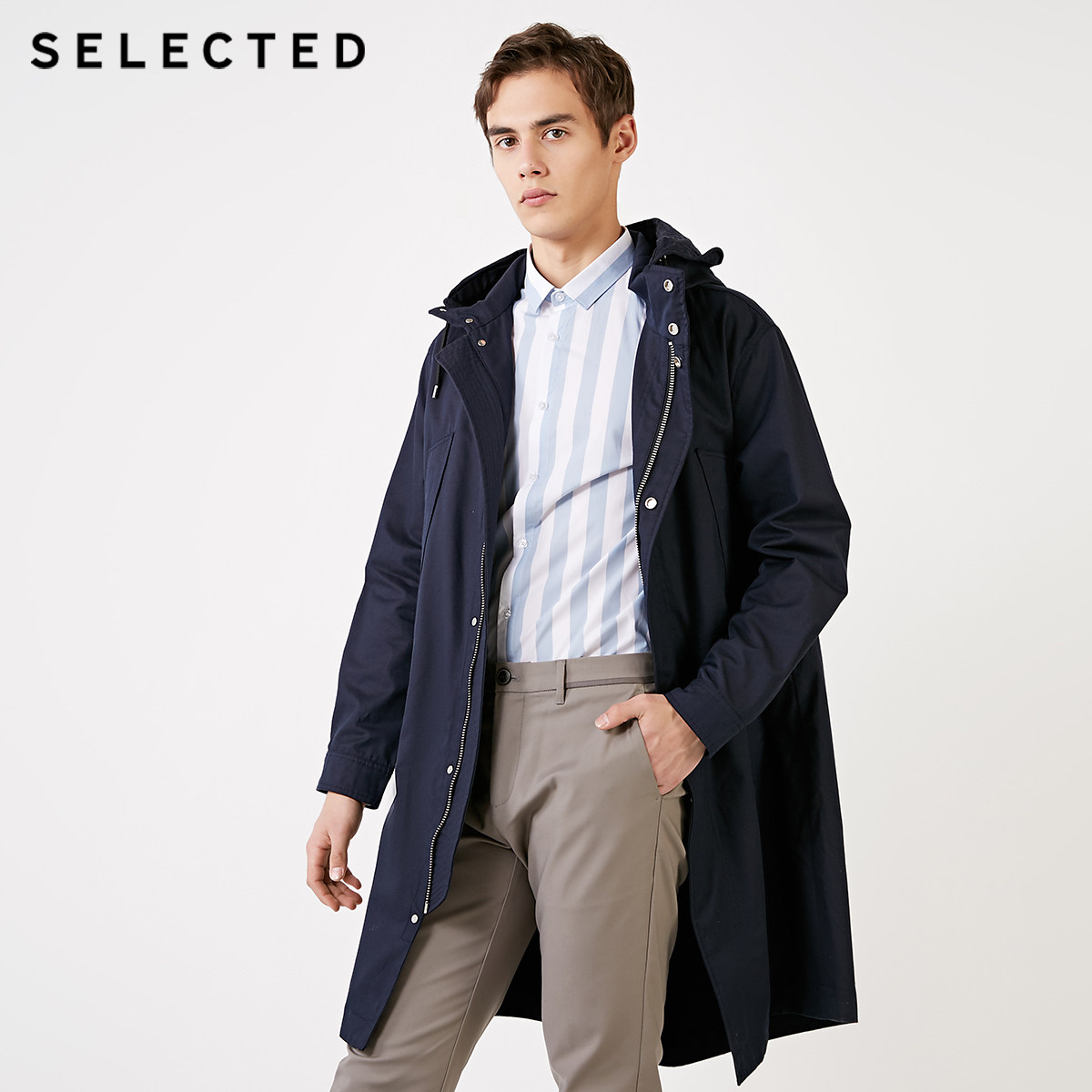 [聚]selected思莱德新款男连帽中长款风衣外套4191om522