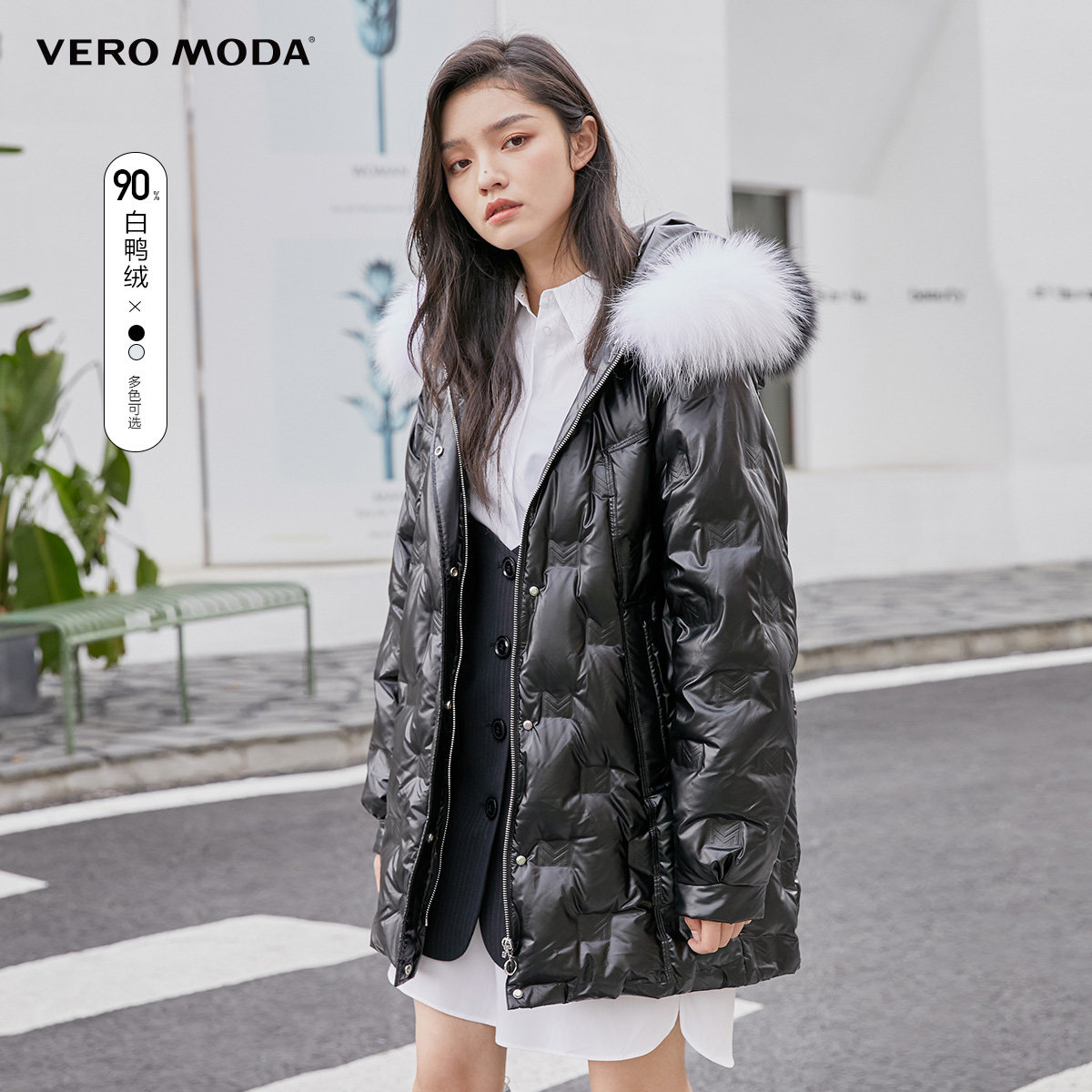 绫致veromoda冬季中长狐狸毛领连帽泡芙加厚羽绒服