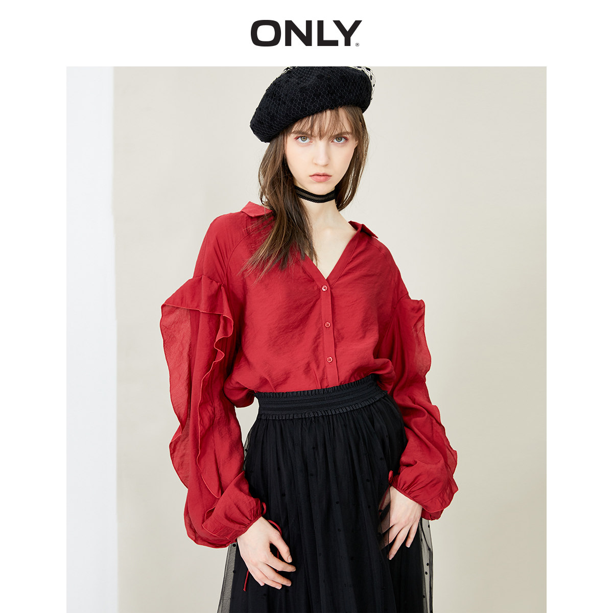 [新]only2020春季新款红色气质宽松v领荷叶边长袖衬衫女119105513