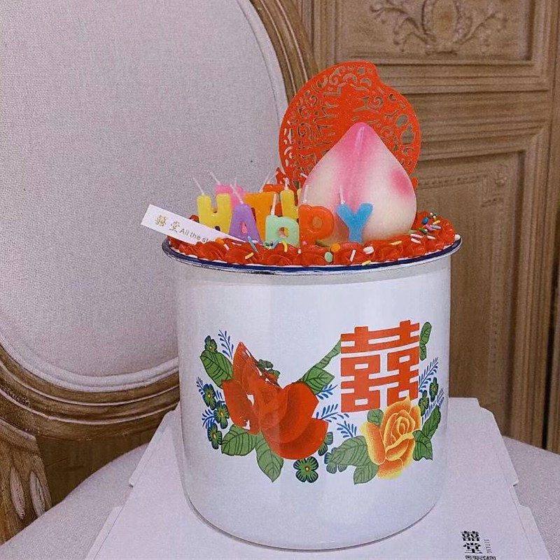 生日蛋糕盒子搪瓷老式怀旧带盖复古杯子双喜喜字节日装扮用品