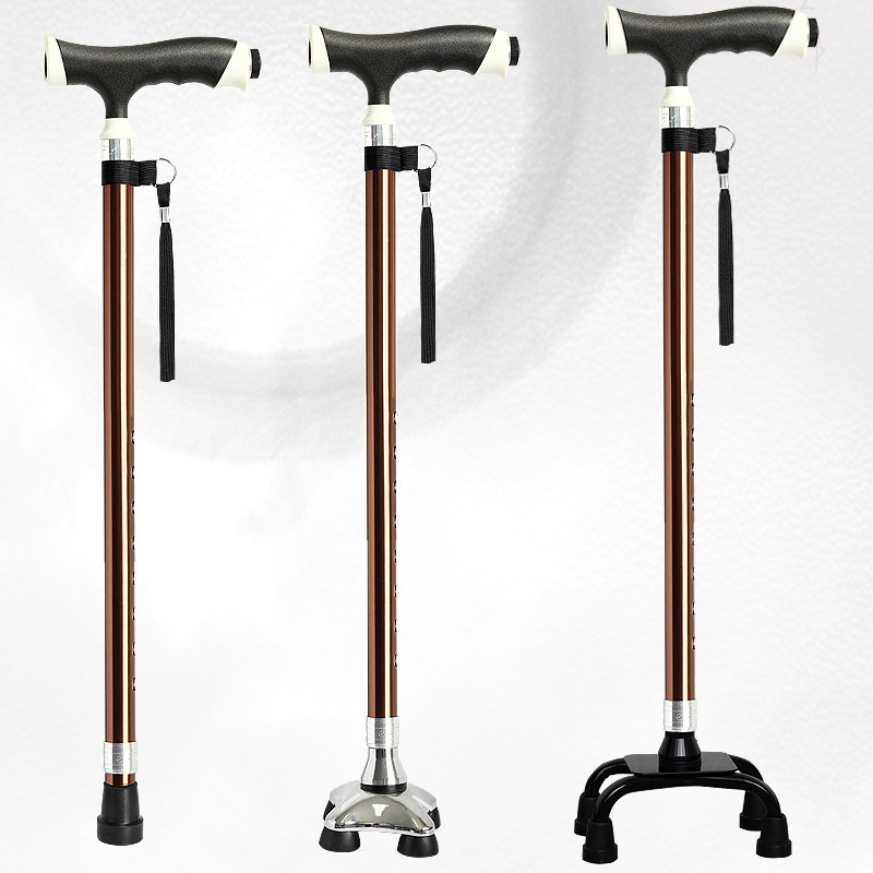 日本乐来福老年人用的拐杖四脚老人手杖带灯可伸缩四角拐棍户外