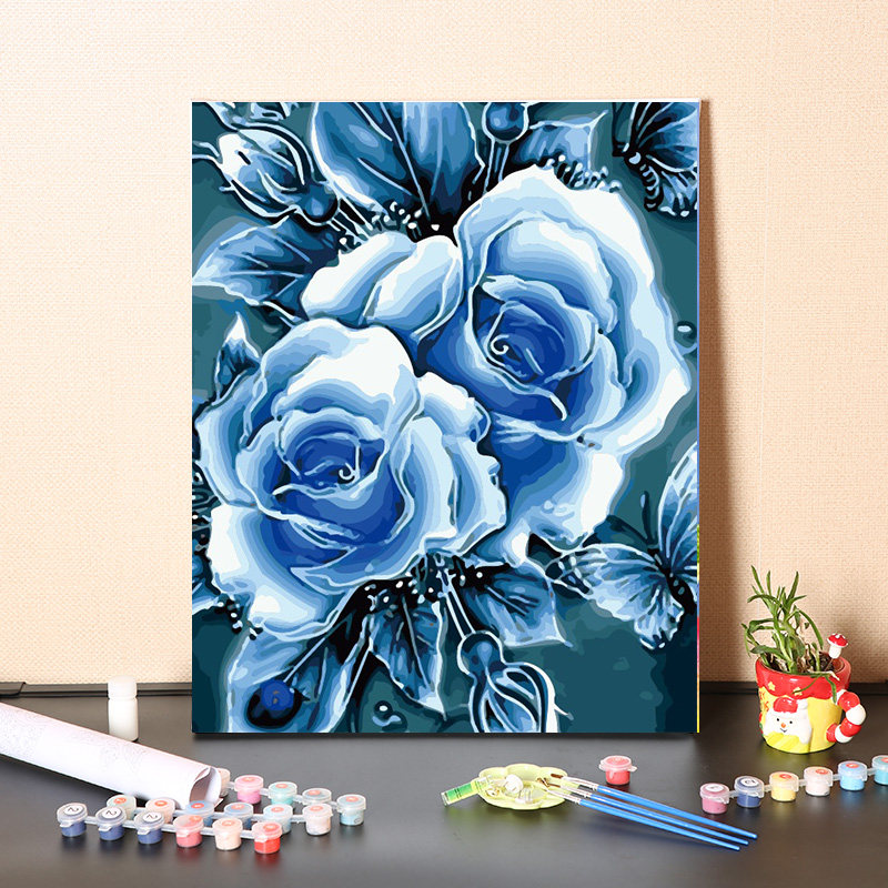 数字油画diy手工填充纯洁美好蓝色玫瑰花卉手绘涂色diy