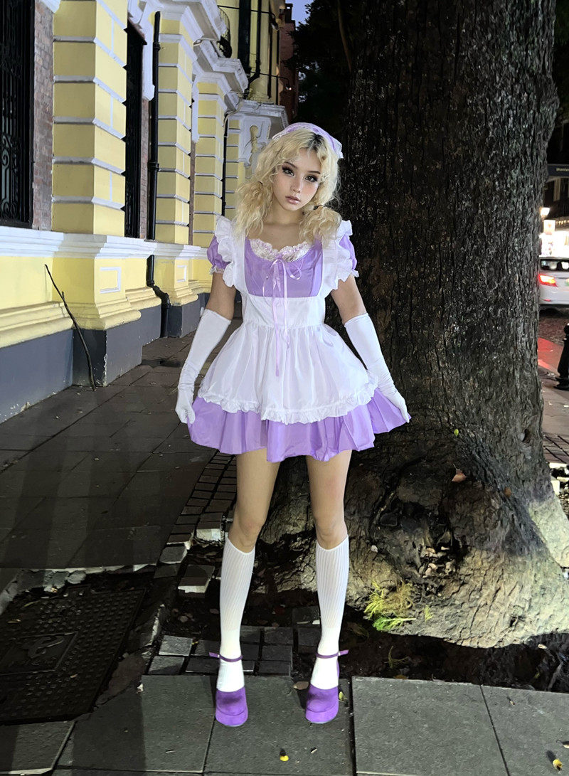 amamay是辣妹 日系原宿y2k软妹jk蹦迪短袖夏带饰品紫色女仆连衣裙