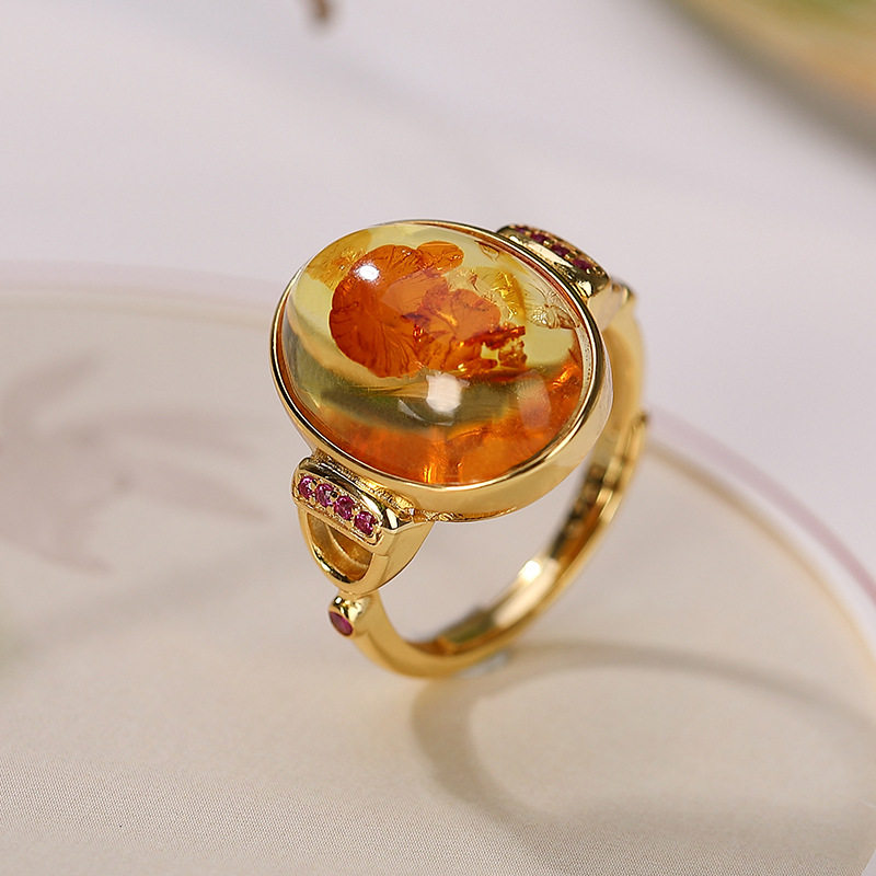 陌上陌上花花开原创新款纯银镀金天然琥珀花戒指戒指