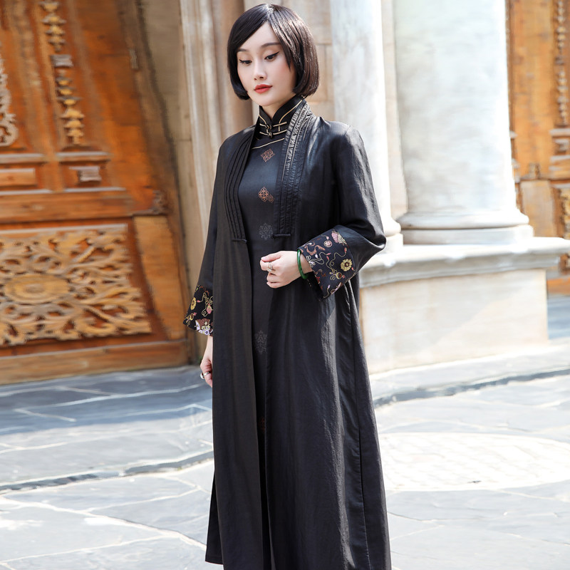 三重外套民国旗袍款配中长拼接真丝纱长香云风衣