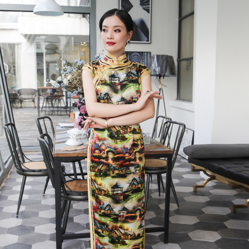 三重2022中国复古京派长款旗袍新款重磅真丝旗袍