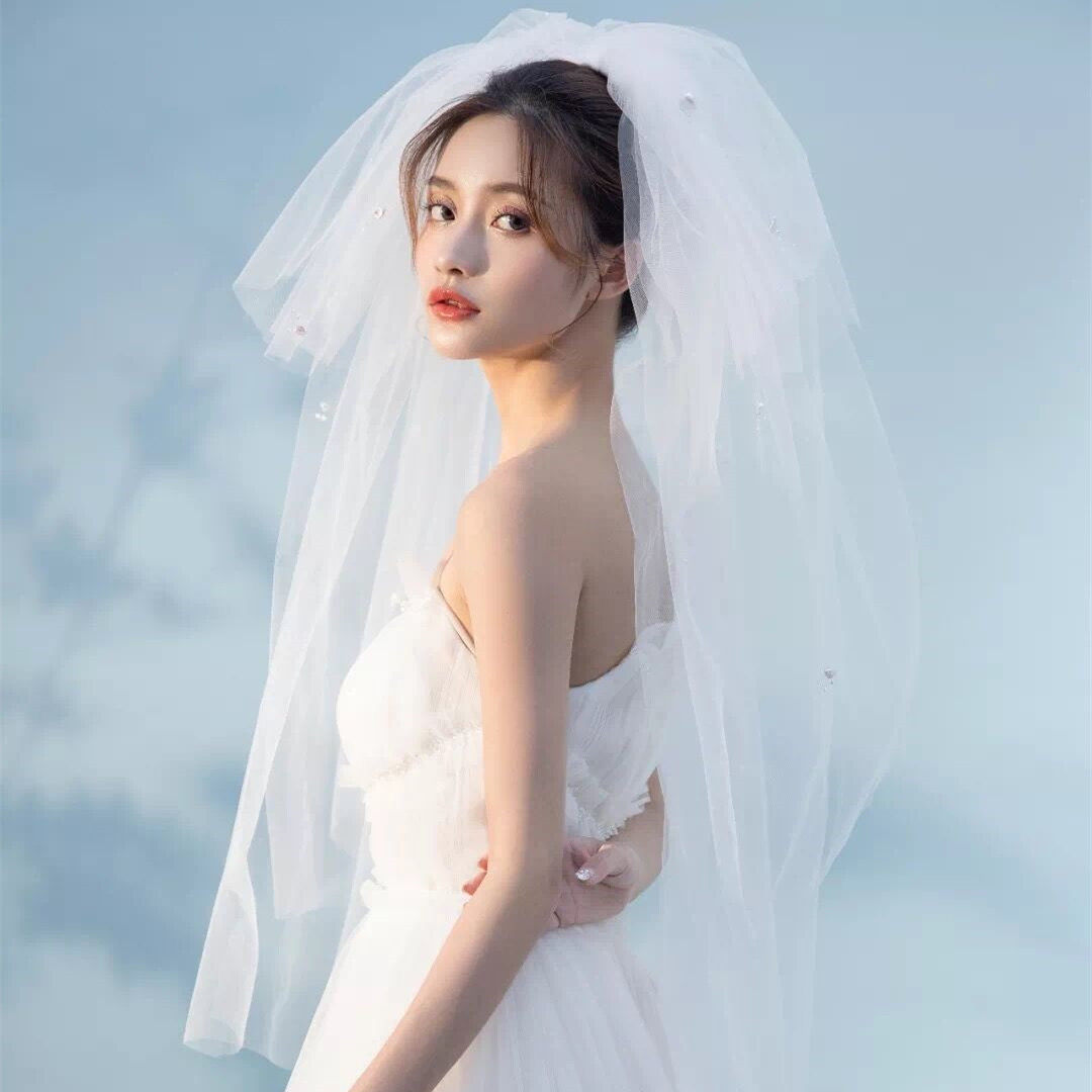 头纱新娘结婚短款多层蓬蓬白色珍珠韩式摄影头纱