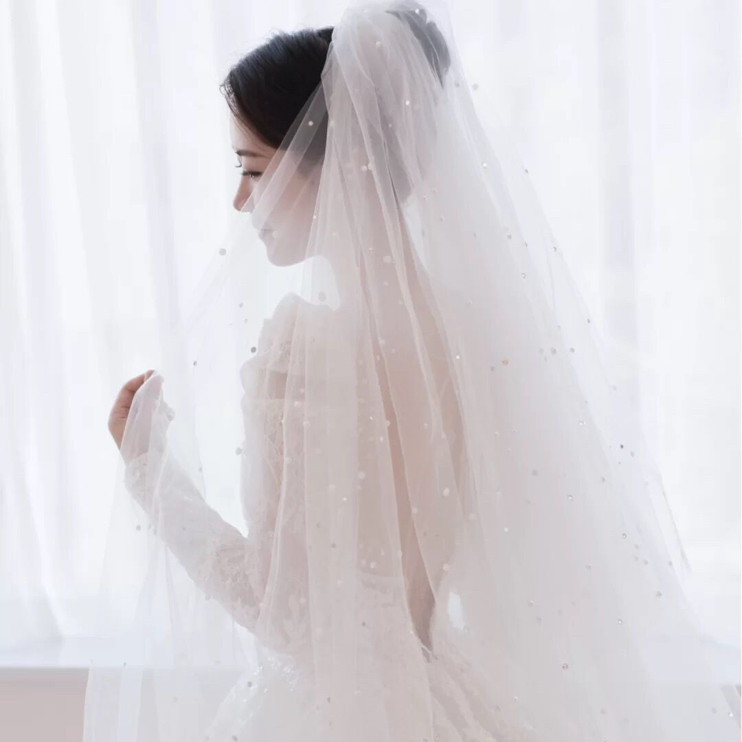 头纱韩式新娘复古珍珠加钻长款白色香槟色拖尾头纱