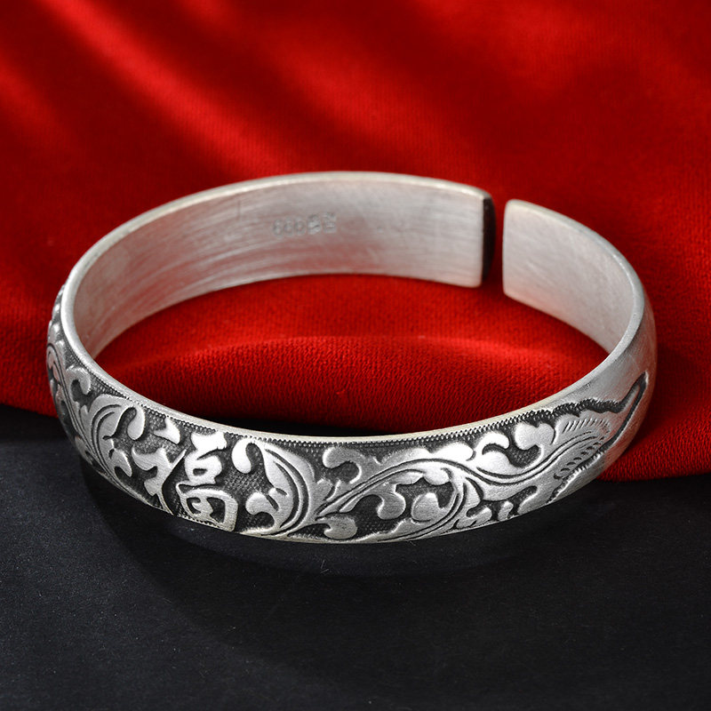 泰光银楼云南雪花银开口复古实心999银浮雕福字银手镯银首饰品