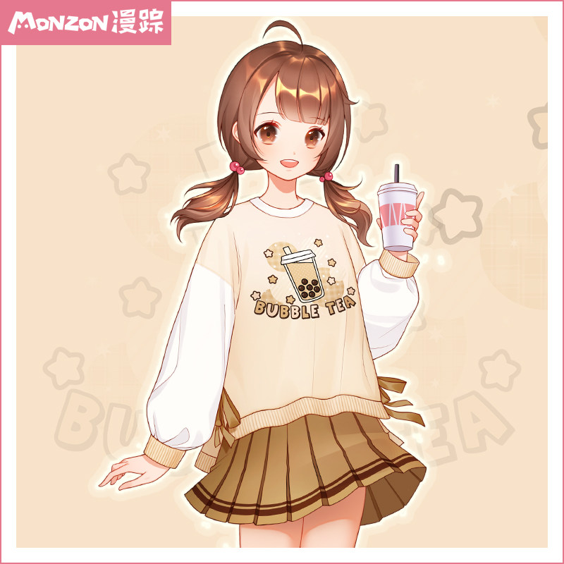 珍珠奶茶款女长袖上衣秋季宽松卫衣短裙日系动漫t恤