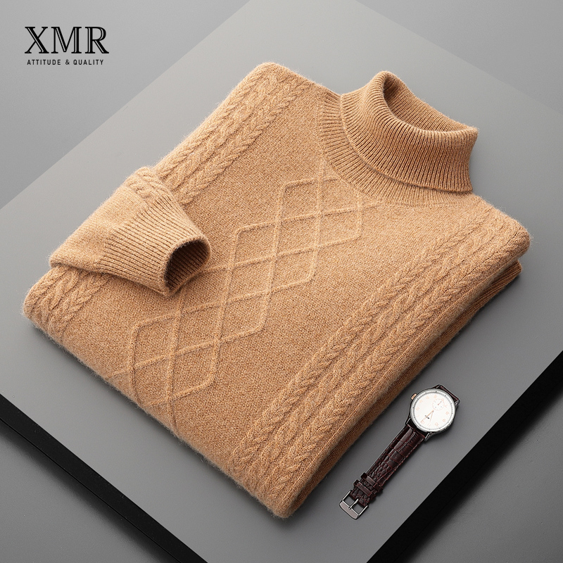 2021秋冬新款羊绒衫男高领加厚扭花打底衫菱形提花青年复古毛衣