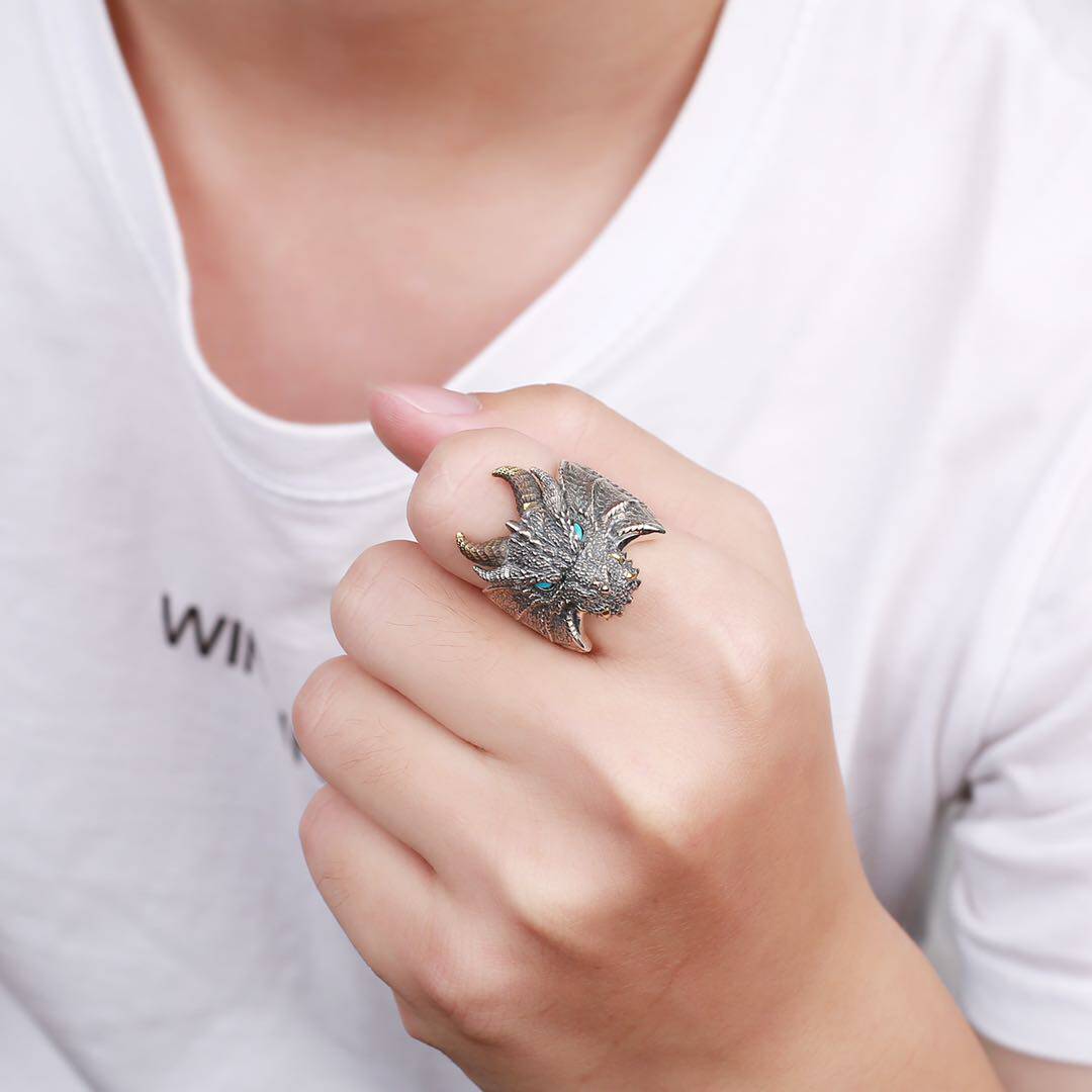 原创设计深渊魔龙戒指纯银男士复古开口可调节霸气个性潮男