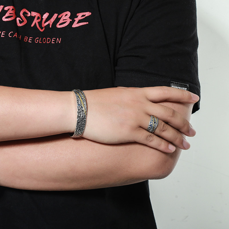 原创蓝夜陨石星空手镯纯银复古潮男个性韩版时尚ins小众设计男人