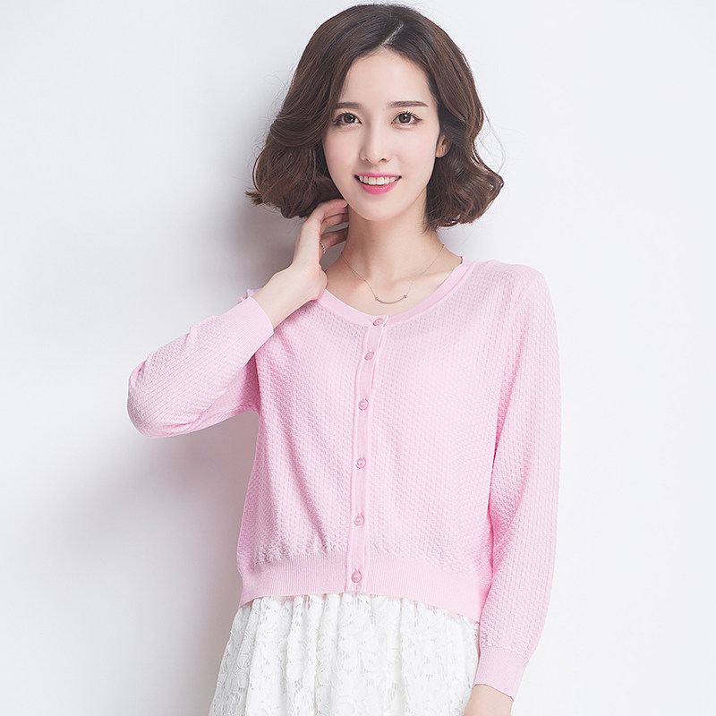 格子针织开衫女短款薄款冰丝针织衫空调衫女七分袖小开衫外搭夏天