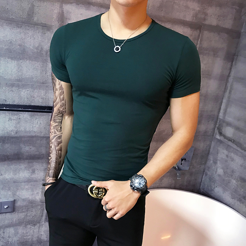 夏季短袖t恤男韩版潮流精神小伙紧身上衣圆领纯色半袖体恤打底衫