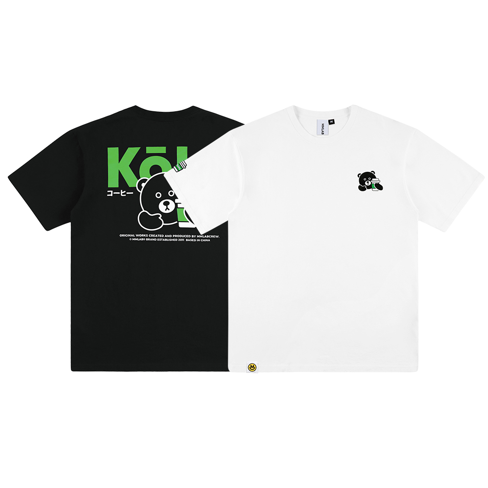 MMLABCREW KOHI BEAR咖啡熊系列男女夏季白色黑色纯棉圆领短袖T恤