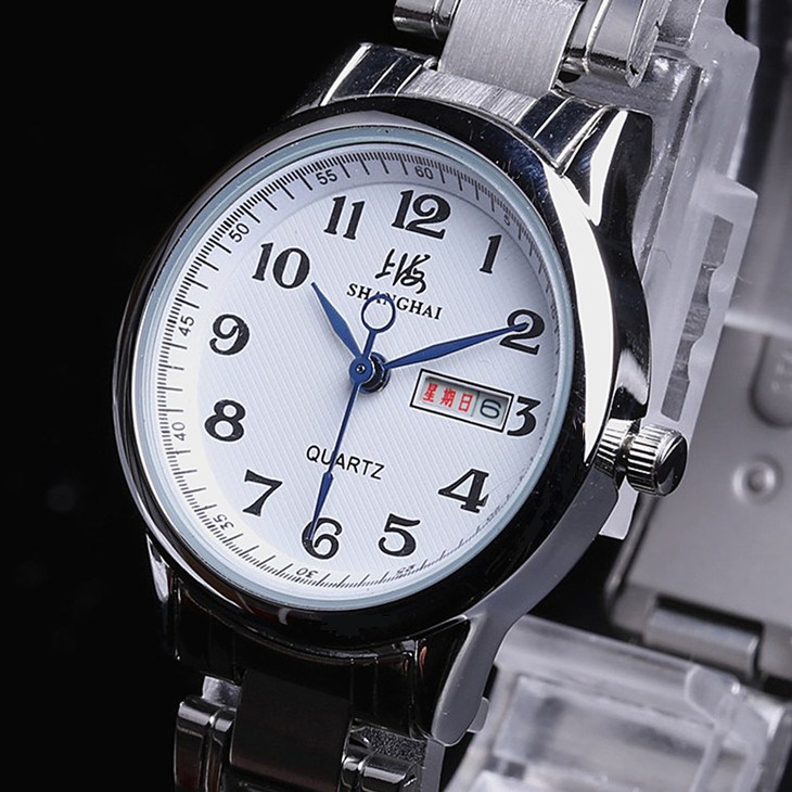 上海老人手表男女大表盘数字日历中老年学生带钢带石英情侣表