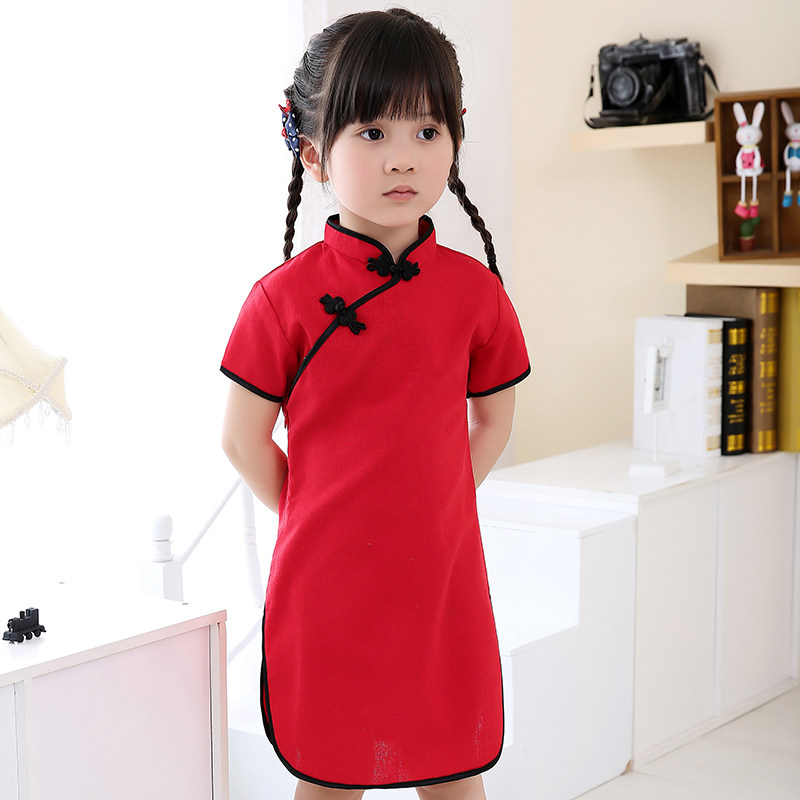 旗袍儿童棉麻夏季纯色改良小女孩裙中国风幼儿园旗袍