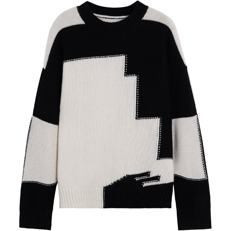 斐雪场强不挑人撞色毛衣黑白拼色羊绒衫圆领羊绒毛衣