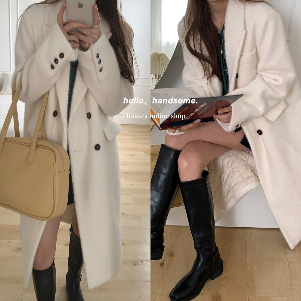 最小的海 韩版毛呢外套女冬新款百搭气质显瘦双排扣翻领呢子大衣