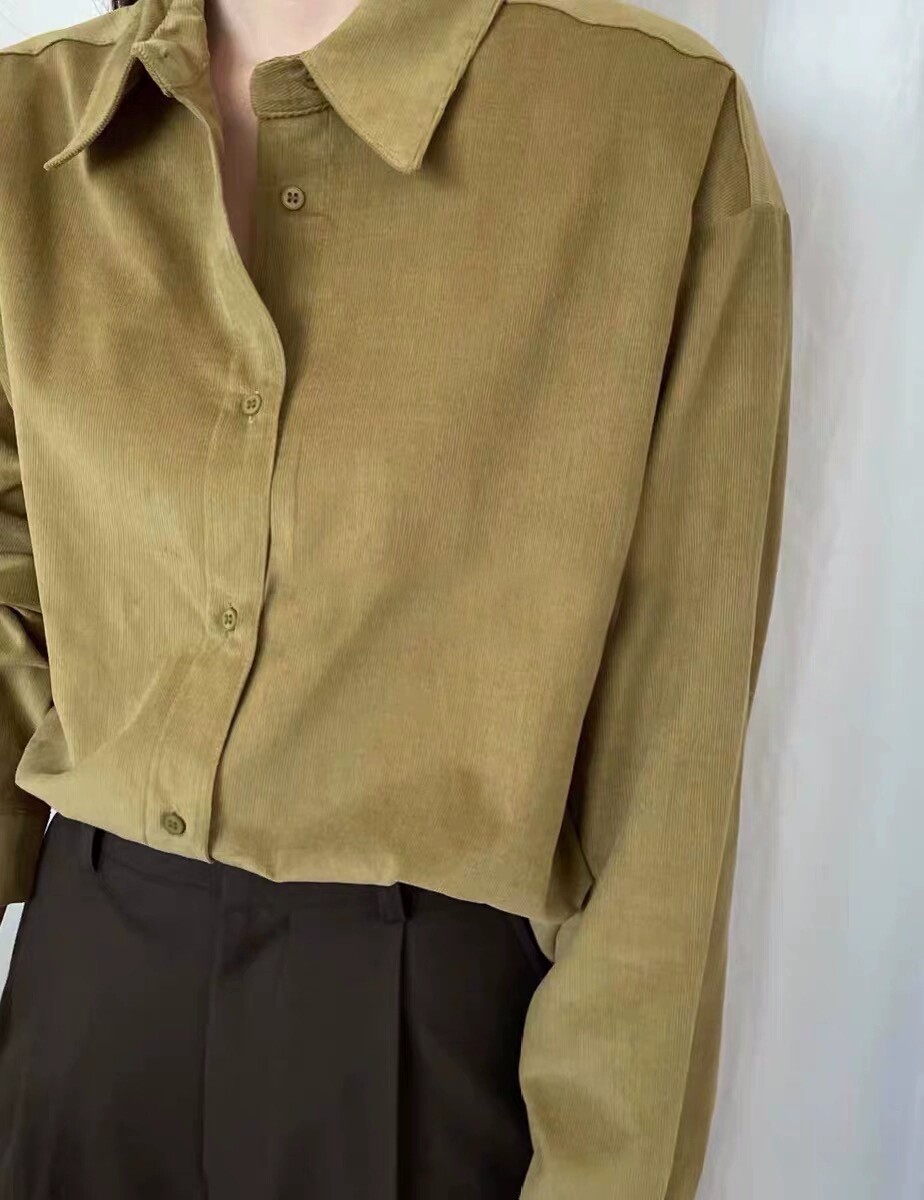韩国东大门lakeside复古超显白的芥末色灯灯芯绒衬衫