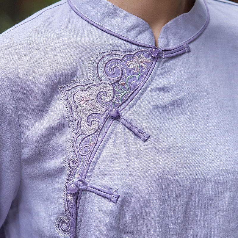 盘扣远镇复古亚麻上衣中长衬衫香囊流苏刺绣衬衫